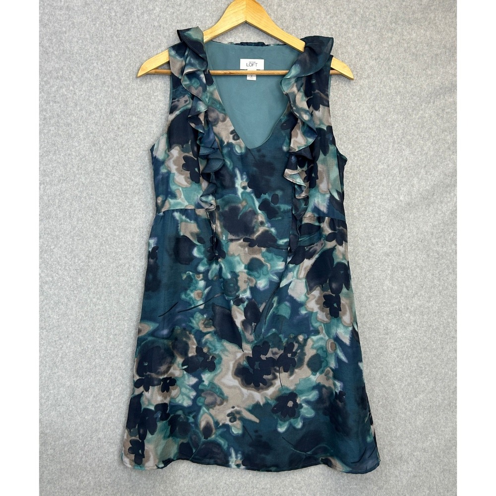 LOFT Sleeveless Tank Dress Teal Blue Gray Watercolor Floral Ruffle V-Neck Size 6